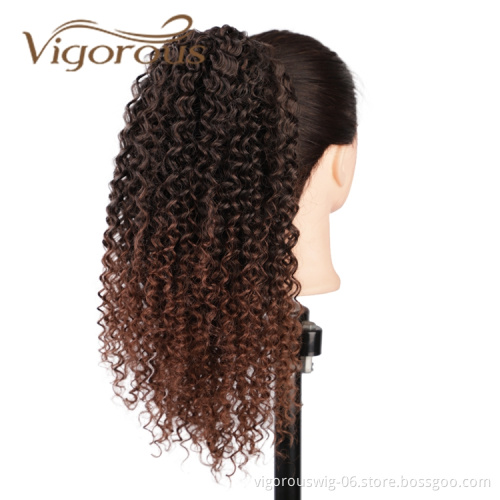 Vigorous High Quality Vendors Long Ombre Brown Kinky Curly Puff Wrap With Clips Drawstring Synthetic Ponytail Hair Extension
